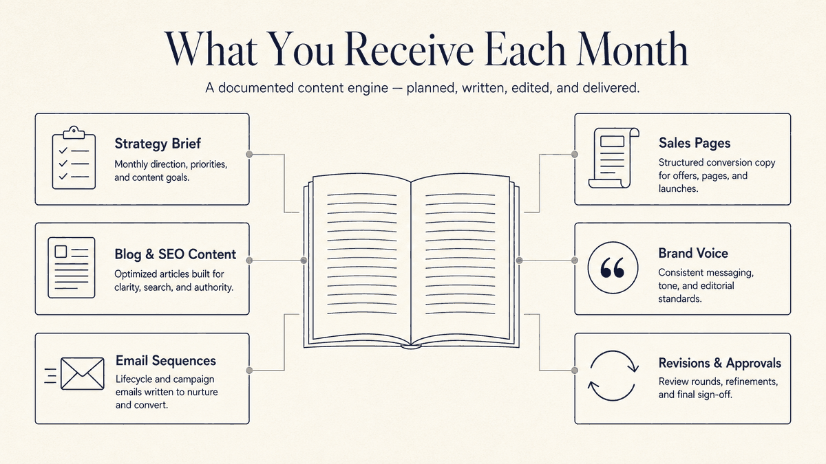 Diagram showing what Contyra delivers each month: a strategy brief, blog and SEO content, email sequences, sales pages, brand voice document, and a revision and approval cycle